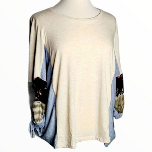 Woman's Style & Co. Patchwork Sleeve Cream Top M - Picture 1 of 7